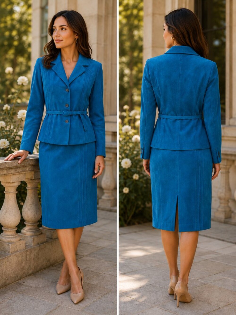 Vintage Ultrasuede VANITY FAIR Teal Skirt Suit Set Belted Blazer Pencil Skirt 6